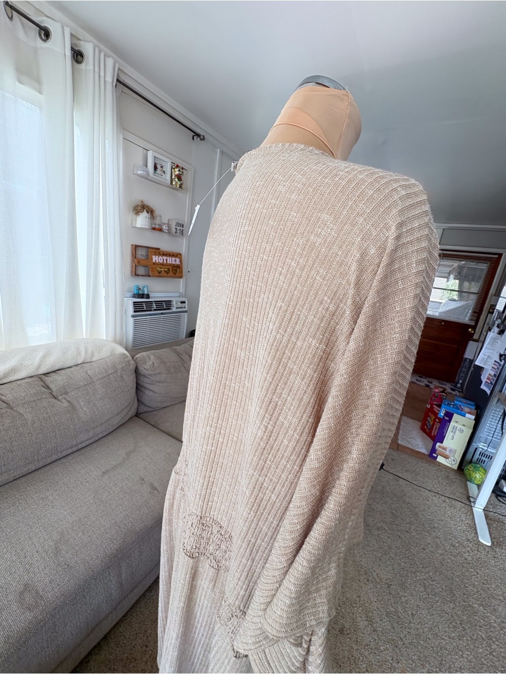 NWT Light Beige Open-Front Boho Knit Cardigan with Tie Waist Lace Embroidery XXL - Picture 5 of 7